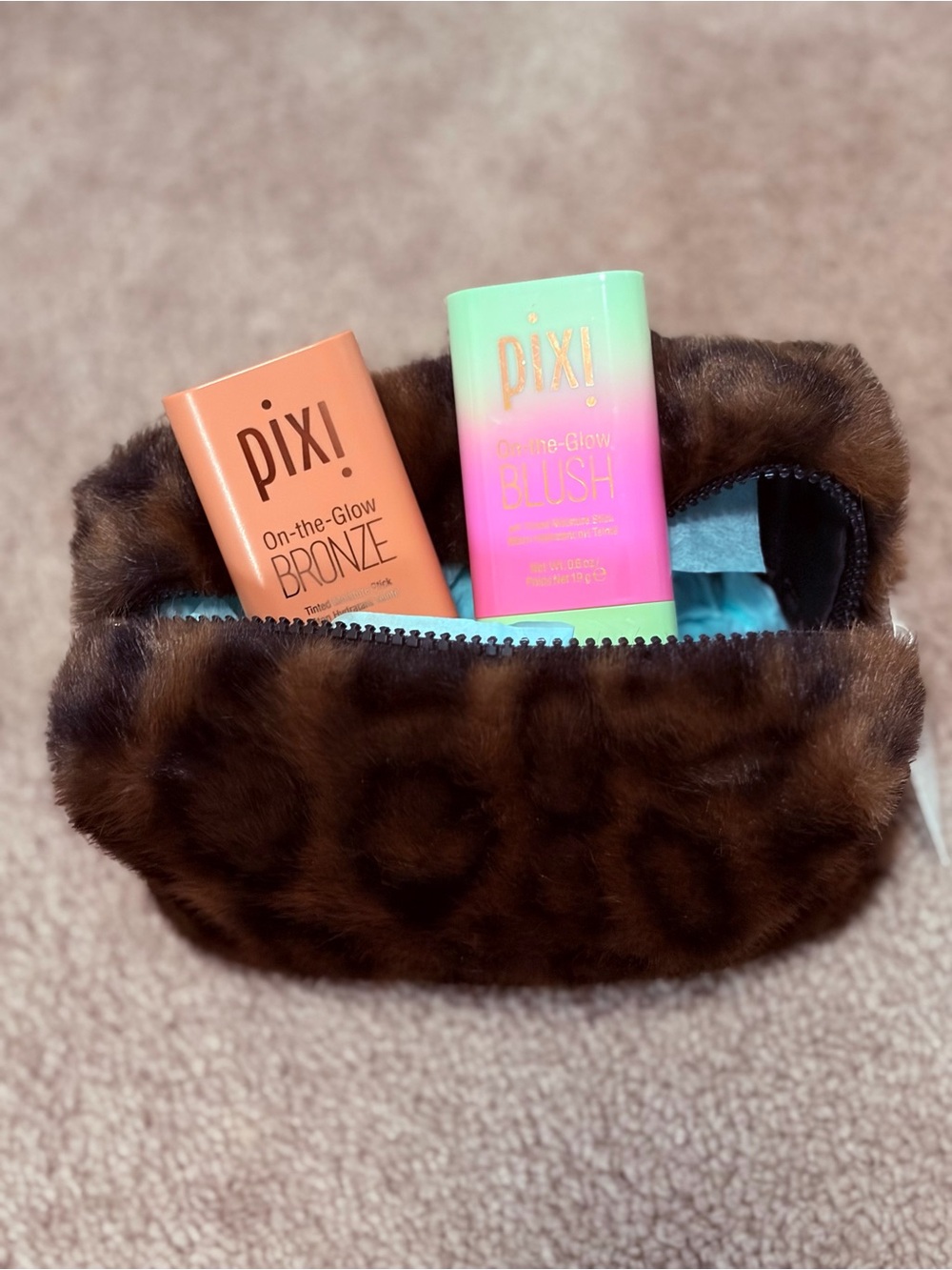 Pixi Bronze & Blush Duo in Brown Faux Fur Pouch New .